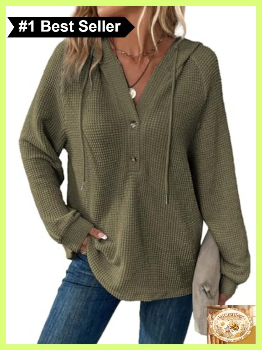 Waffle Knit Hoodie Button V Neck Oversized Pullover Sweatshirt